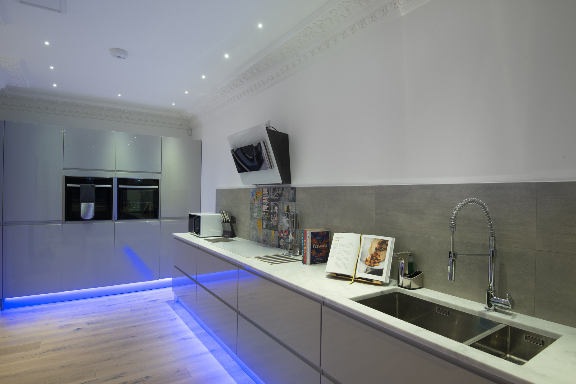 Chef's kitchen with blue LED lighting