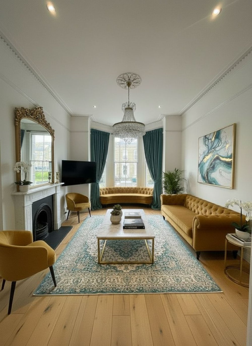 Hastings House lounge with mustard sofas and chandelier
